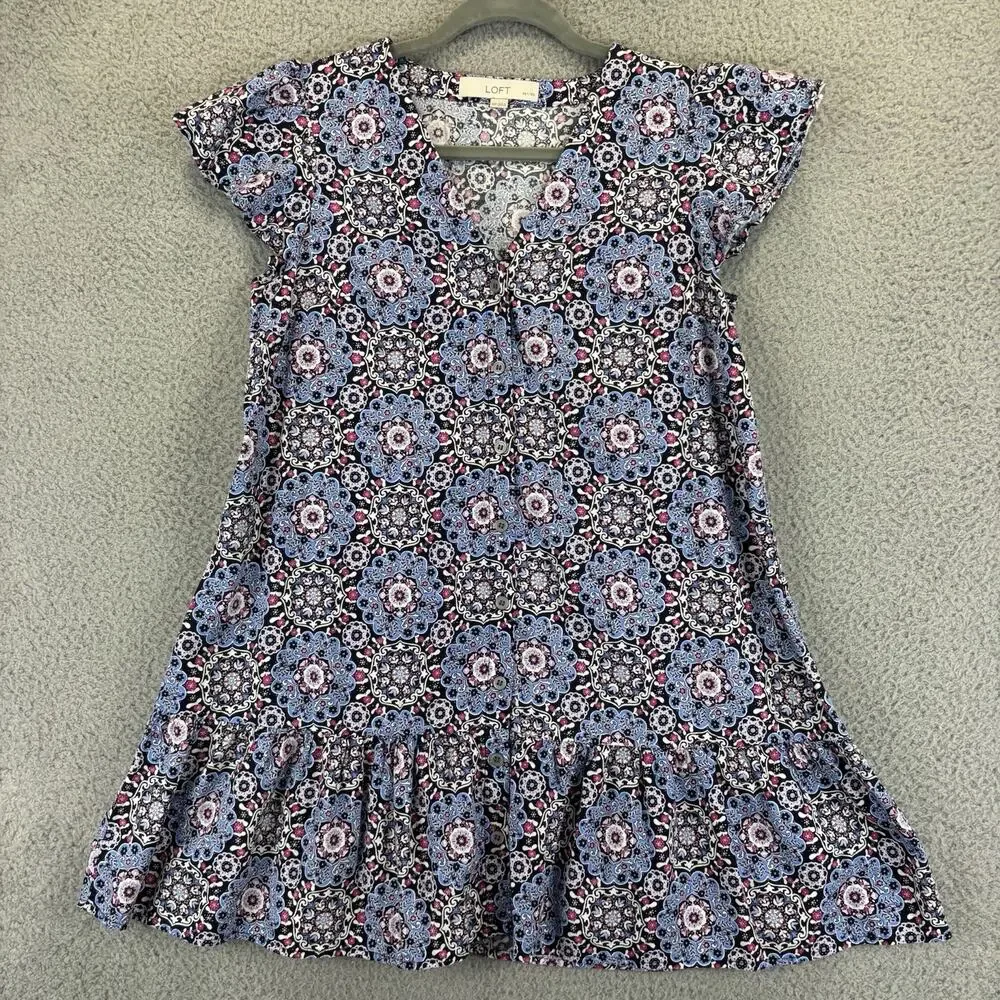 LOFT Dress XSP Beach Cottage Boho Retro Medallion Button Ruffle Flounce Flutter - Picture 3 of 11